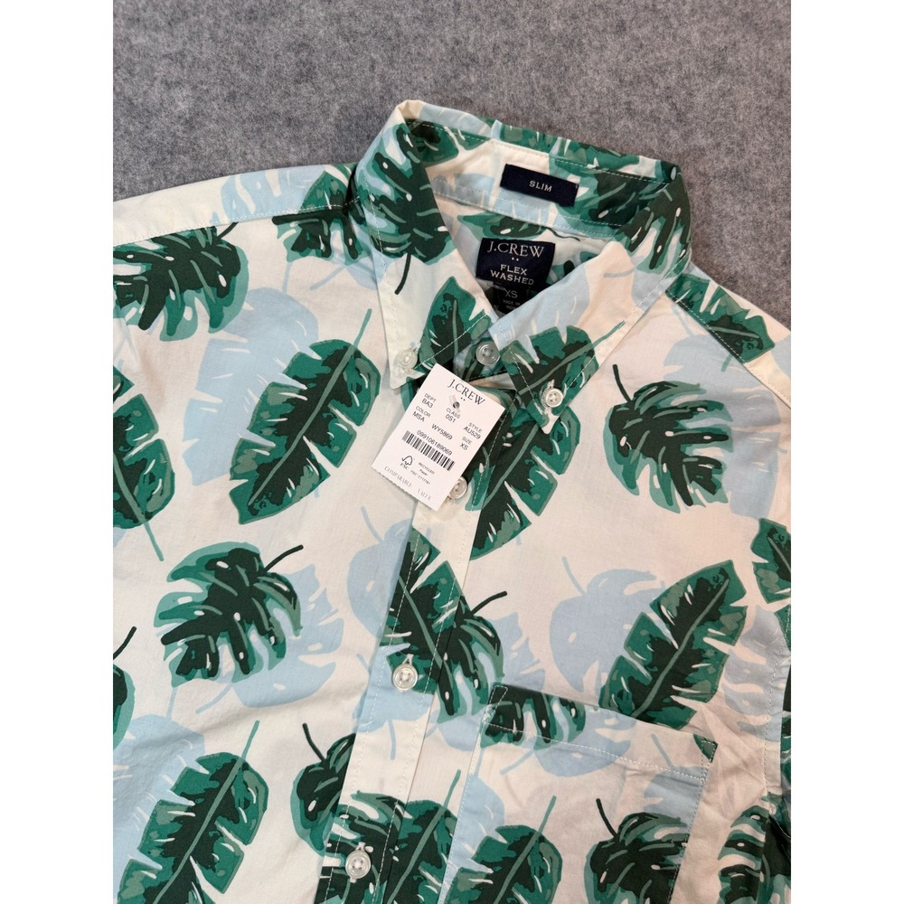 J.Crew Flex Washed Slim Fit Tropical Leaf Print Shirt Mens XS White Green